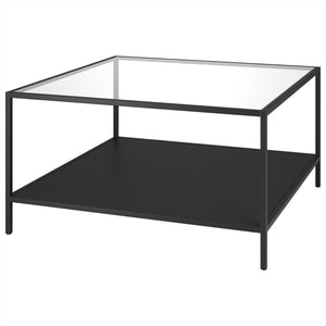 Homeroots 32" Black Glass And Steel Square Coffee Table With Shelf   521023