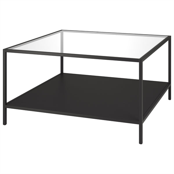 Homeroots 32" Black Glass And Steel Square Coffee Table With Shelf   521023