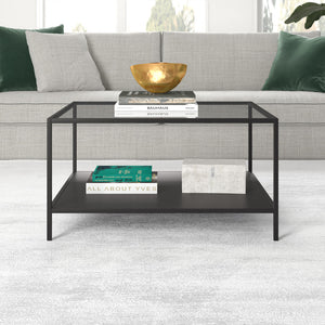 Homeroots 32" Black Glass And Steel Square Coffee Table With Shelf   521023