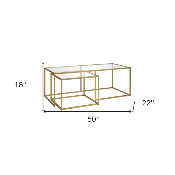 Homeroots Set Of Two 50" Gold Glass And Steel Nested Coffee Tables   521025