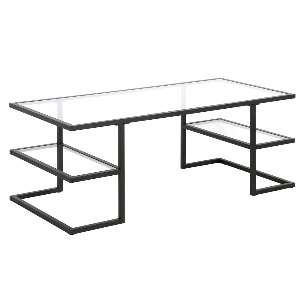 Homeroots 47" Black Glass And Steel Coffee Table With Two Shelves   521026