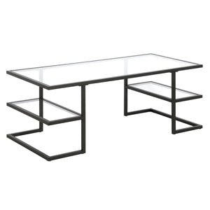 Homeroots 47" Black Glass And Steel Coffee Table With Two Shelves   521026