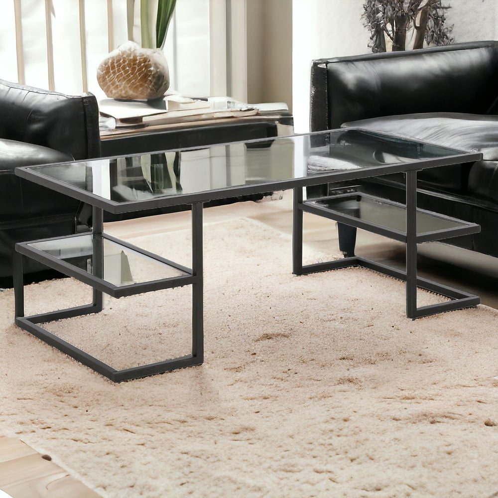 Homeroots 47" Black Glass And Steel Coffee Table With Two Shelves   521026