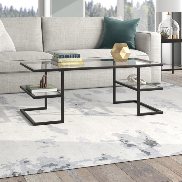 Homeroots 47" Black Glass And Steel Coffee Table With Two Shelves   521026