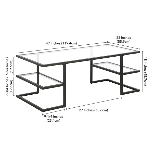 Homeroots 47" Black Glass And Steel Coffee Table With Two Shelves   521026