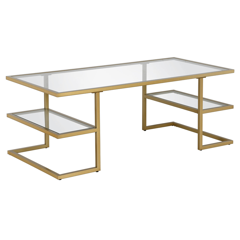Homeroots 47" Gold Glass And Steel Coffee Table With Two Shelves   521027