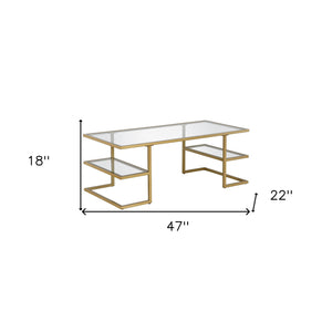 Homeroots 47" Gold Glass And Steel Coffee Table With Two Shelves   521027
