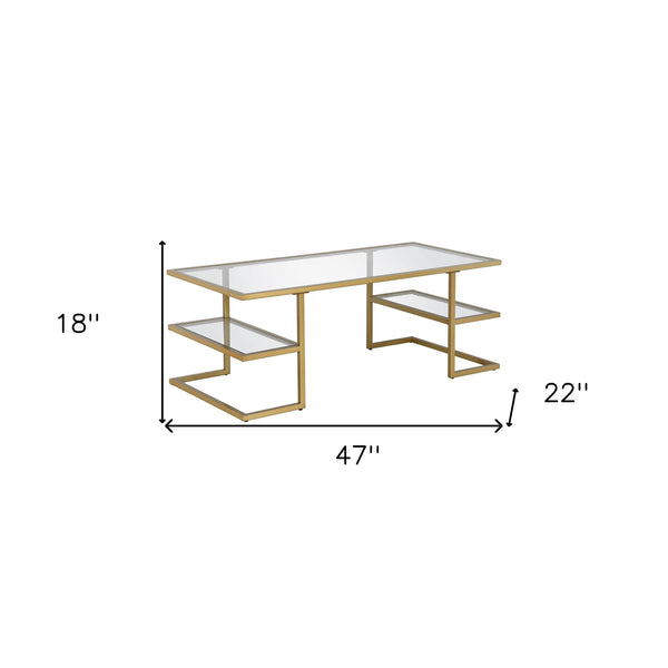 Homeroots 47" Gold Glass And Steel Coffee Table With Two Shelves   521027