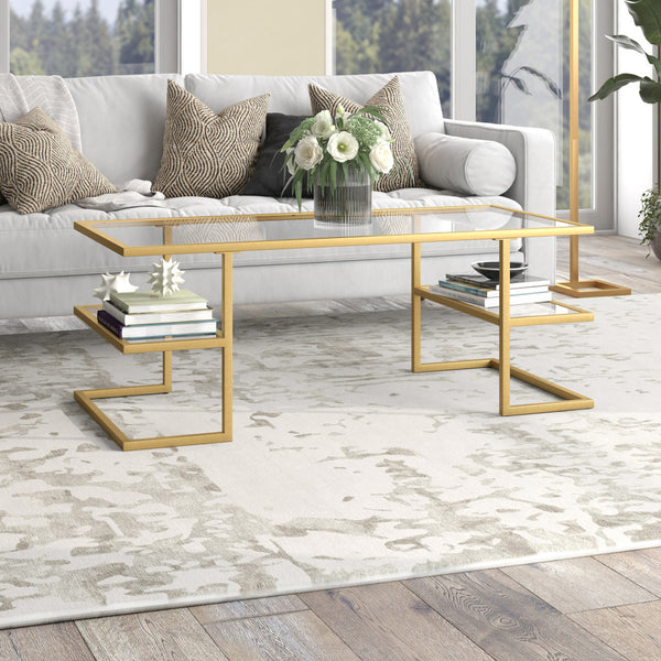 Homeroots 47" Gold Glass And Steel Coffee Table With Two Shelves   521027
