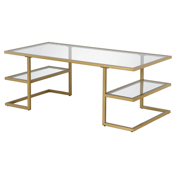 Homeroots 47" Gold Glass And Steel Coffee Table With Two Shelves   521027