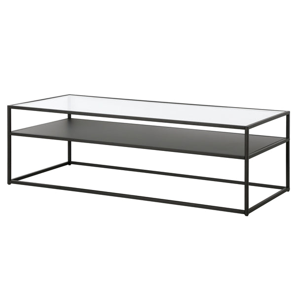 Homeroots 54" Black Glass And Steel Coffee Table With Shelf   521028