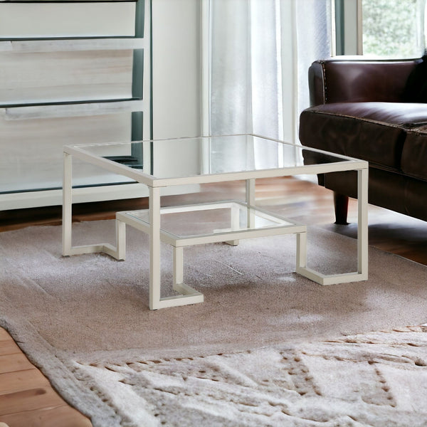 Homeroots 32" Silver Glass And Steel Square Coffee Table With Shelf   521032