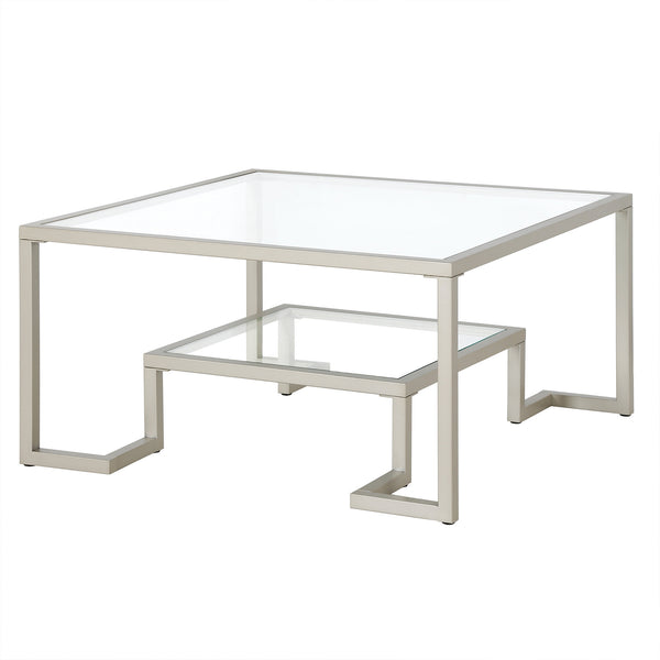 Homeroots 32" Silver Glass And Steel Square Coffee Table With Shelf   521032