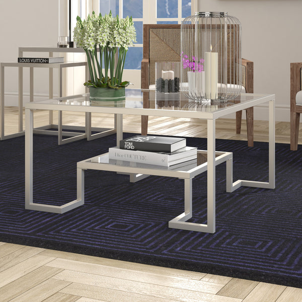 Homeroots 32" Silver Glass And Steel Square Coffee Table With Shelf   521032