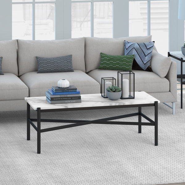 Homeroots 46" Black And White Faux Marble And Steel Coffee Table   521035