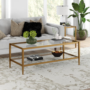 Homeroots 45" Clear And Antiqued Brass Glass And Metal Coffee Table With Shelf   521038