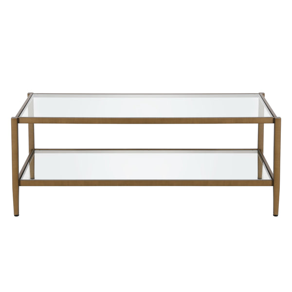 Homeroots 45" Clear And Antiqued Brass Glass And Metal Coffee Table With Shelf   521038