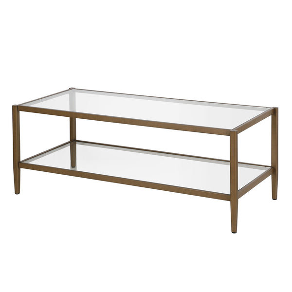 Homeroots 45" Clear And Antiqued Brass Glass And Metal Coffee Table With Shelf   521038