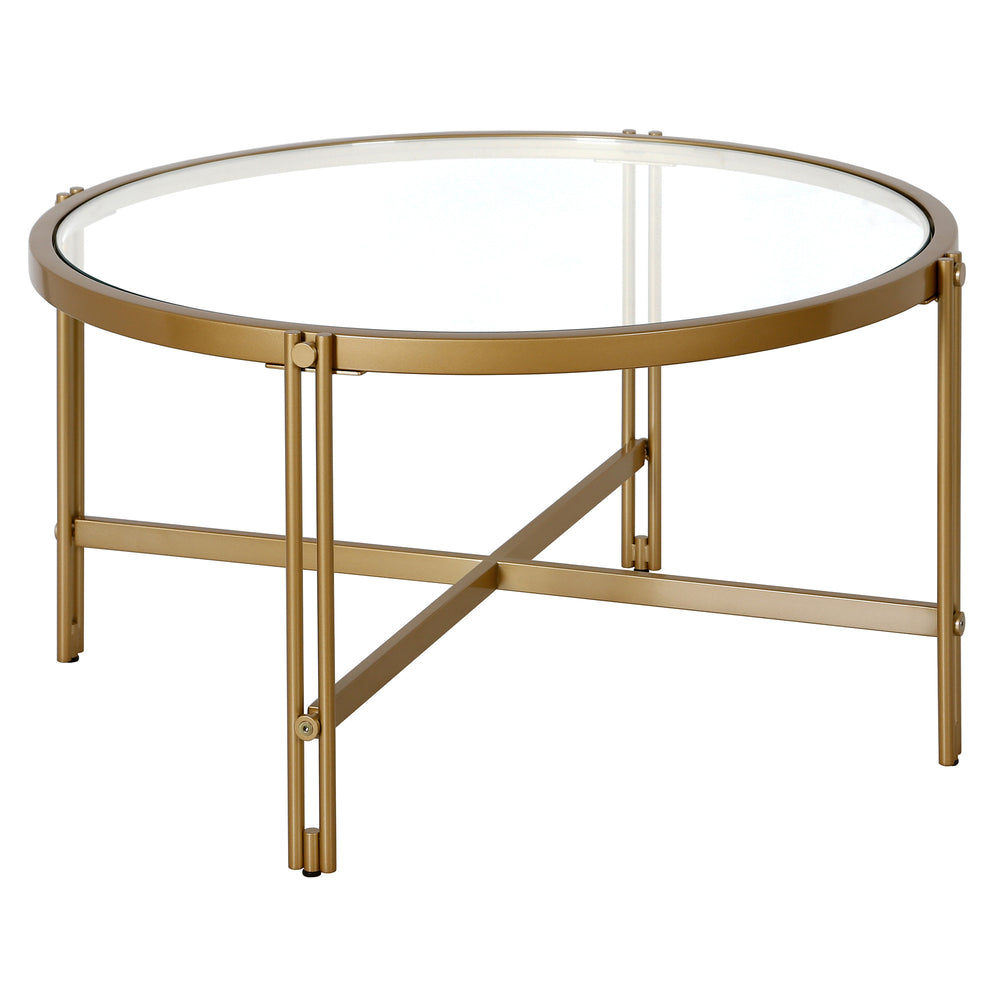 Homeroots 32" Gold Glass And Steel Round Coffee Table   521040