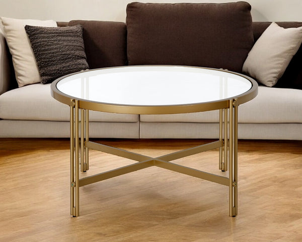 Homeroots 32" Gold Glass And Steel Round Coffee Table   521040