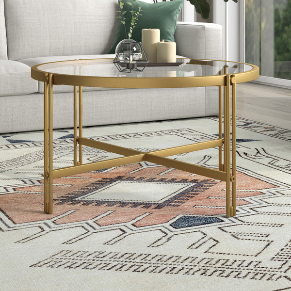 Homeroots 32" Gold Glass And Steel Round Coffee Table   521040