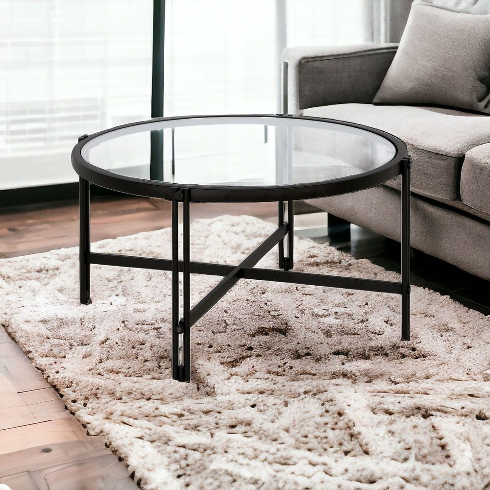Homeroots 32" Black Glass And Steel Round Coffee Table   521041