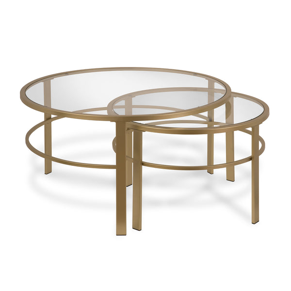 Homeroots Set Of Two 36" Gold Glass And Steel Round Nested Coffee Tables   521042