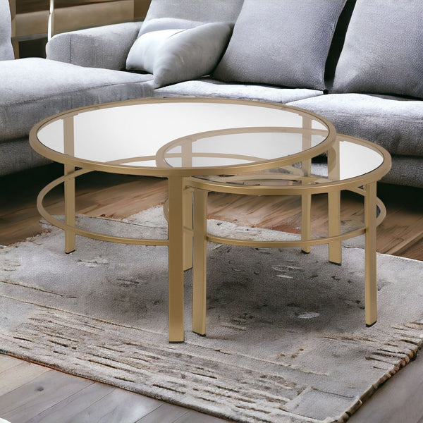 Homeroots Set Of Two 36" Gold Glass And Steel Round Nested Coffee Tables   521042