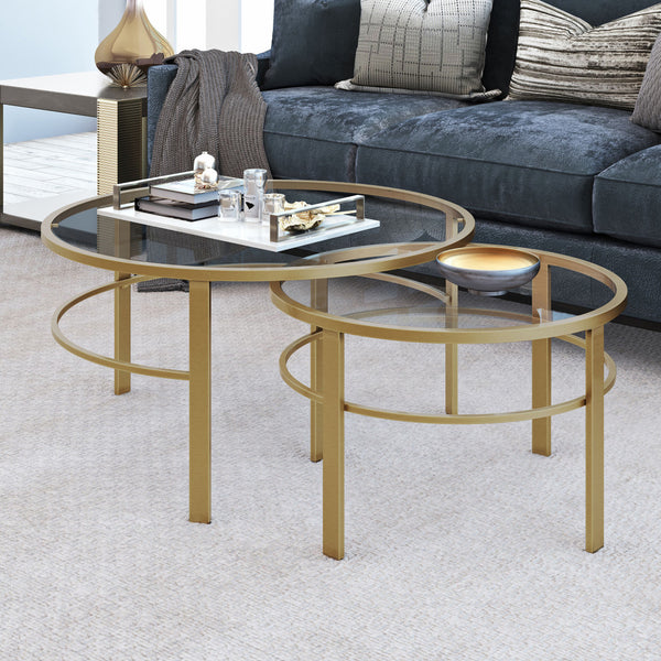 Homeroots Set Of Two 36" Gold Glass And Steel Round Nested Coffee Tables   521042