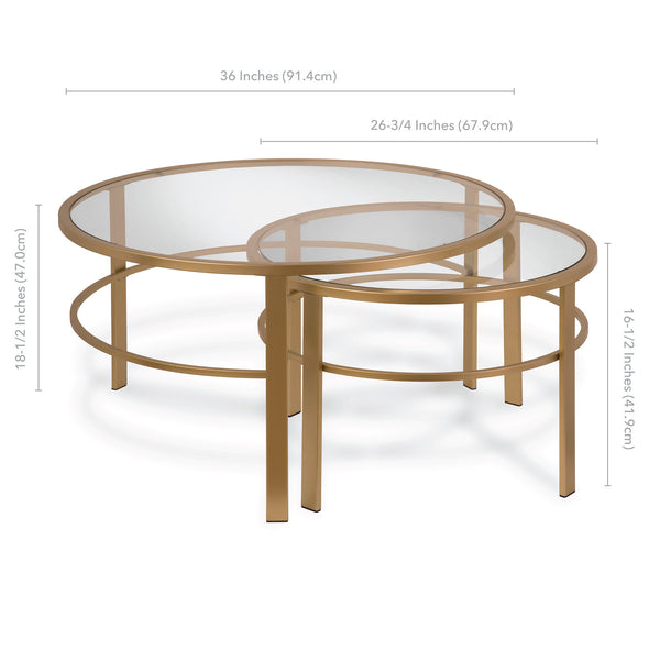 Homeroots Set Of Two 36" Gold Glass And Steel Round Nested Coffee Tables   521042