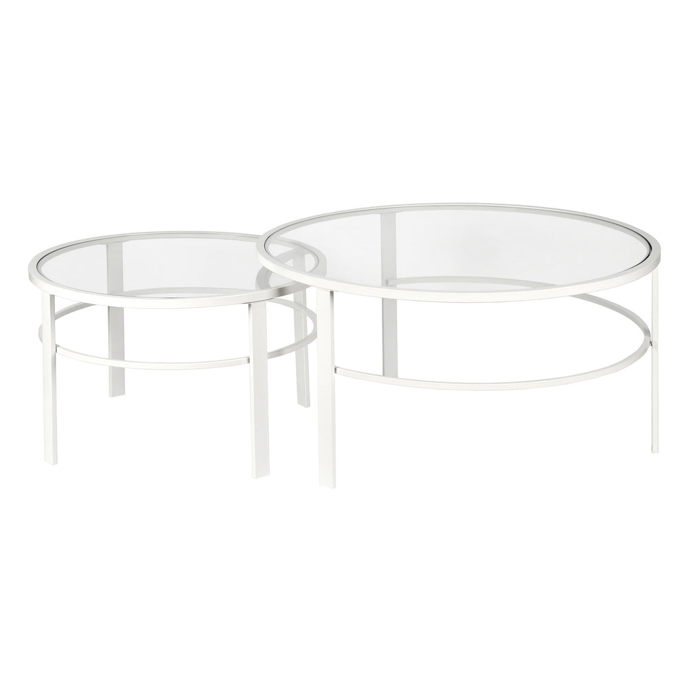 Homeroots Set Of Two 36" White Glass And Steel Round Nested Coffee Tables   521043