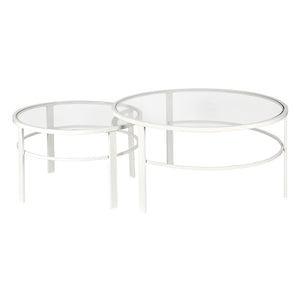 Homeroots Set Of Two 36" White Glass And Steel Round Nested Coffee Tables   521043