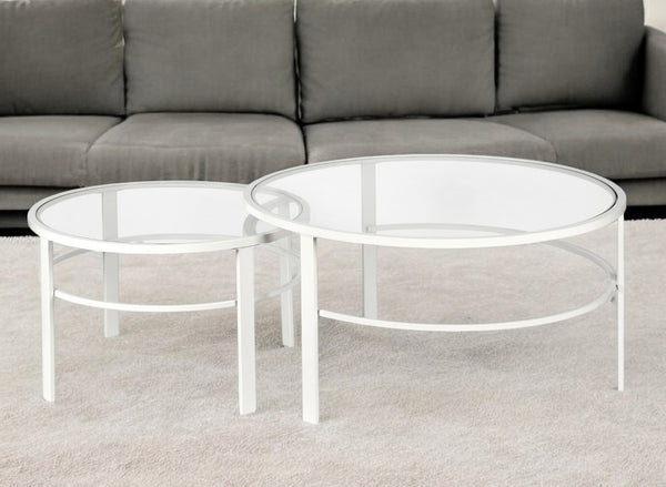 Homeroots Set Of Two 36" White Glass And Steel Round Nested Coffee Tables   521043