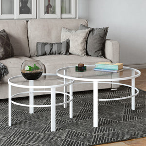 Homeroots Set Of Two 36" White Glass And Steel Round Nested Coffee Tables   521043