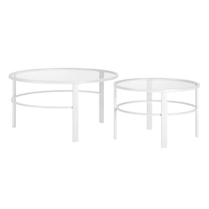 Homeroots Set Of Two 36" White Glass And Steel Round Nested Coffee Tables   521043