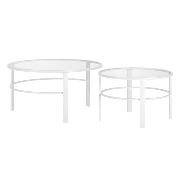 Homeroots Set Of Two 36" White Glass And Steel Round Nested Coffee Tables   521043