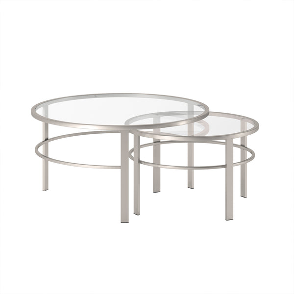 Homeroots Set Of Two 36" Clear And Silver Glass And Steel Round Nested Coffee Tables   521044