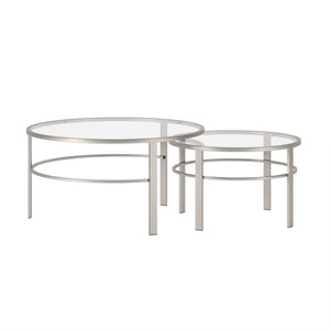 Homeroots Set Of Two 36" Clear And Silver Glass And Steel Round Nested Coffee Tables   521044