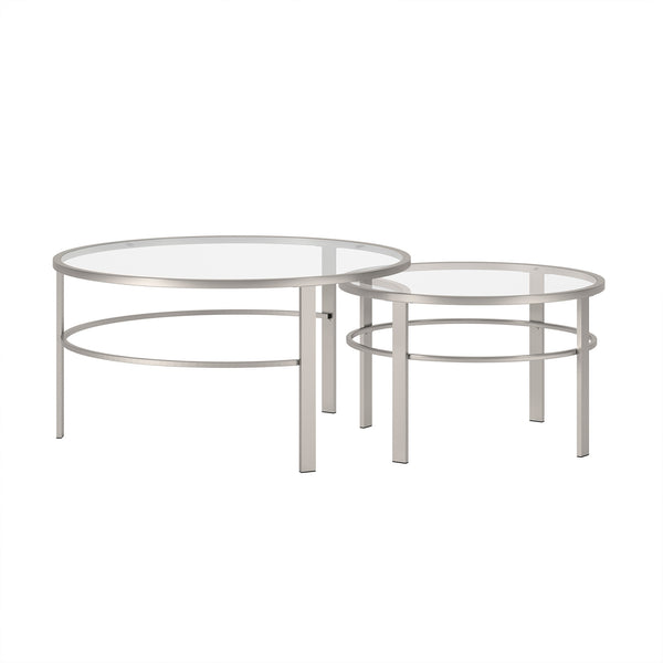 Homeroots Set Of Two 36" Clear And Silver Glass And Steel Round Nested Coffee Tables   521044