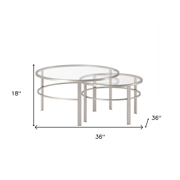 Homeroots Set Of Two 36" Clear And Silver Glass And Steel Round Nested Coffee Tables   521044