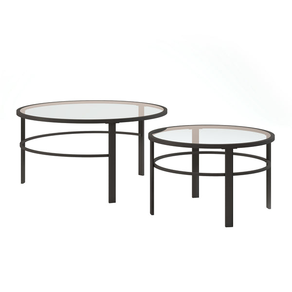Homeroots Set Of Two 36" Clear And Black Glass And Steel Round Nested Coffee Tables   521045