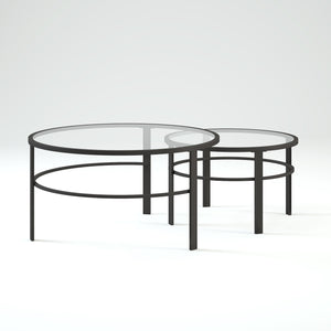 Homeroots Set Of Two 36" Clear And Black Glass And Steel Round Nested Coffee Tables   521045