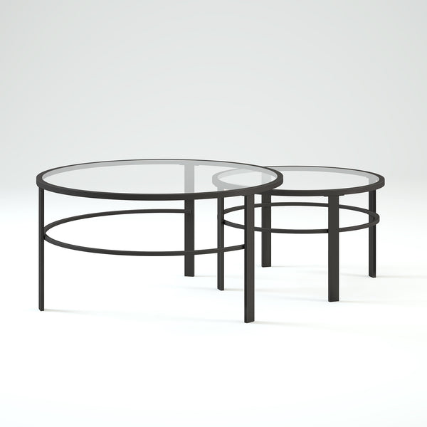 Homeroots Set Of Two 36" Clear And Black Glass And Steel Round Nested Coffee Tables   521045
