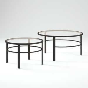 Homeroots Set Of Two 36" Clear And Black Glass And Steel Round Nested Coffee Tables   521045
