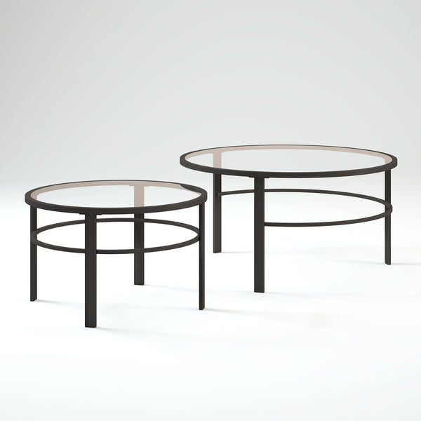 Homeroots Set Of Two 36" Clear And Black Glass And Steel Round Nested Coffee Tables   521045
