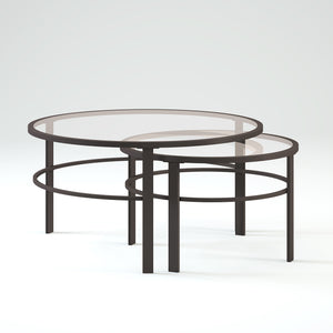 Homeroots Set Of Two 36" Clear And Black Glass And Steel Round Nested Coffee Tables   521045