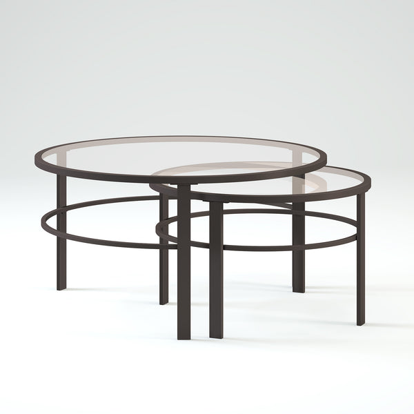 Homeroots Set Of Two 36" Clear And Black Glass And Steel Round Nested Coffee Tables   521045