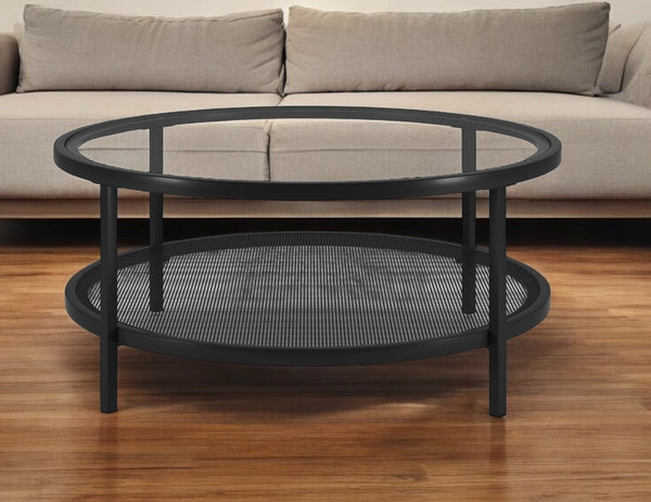Homeroots 36" Black Glass And Steel Round Coffee Table With Shelf   521049