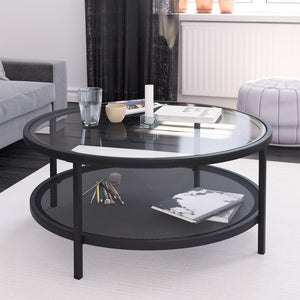 Homeroots 36" Black Glass And Steel Round Coffee Table With Shelf   521049
