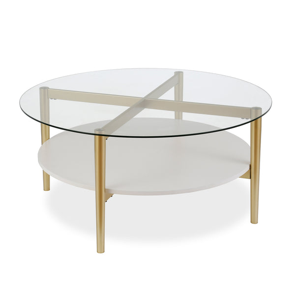 Homeroots 36" Clear And Gold Glass And Steel Round Coffee Table With Shelf   521052